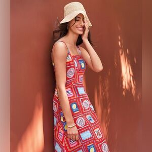 Loft Can Print Linen Blend Strappy Midi Dress